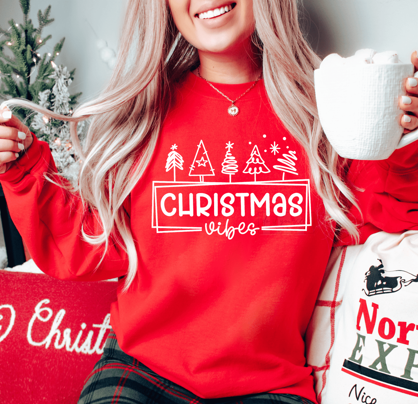Christmas Vibes trees SINGLE COLOR WHITE size ADULT DTF TRANSFERPRINT TO ORDER - Do it yourself Transfers