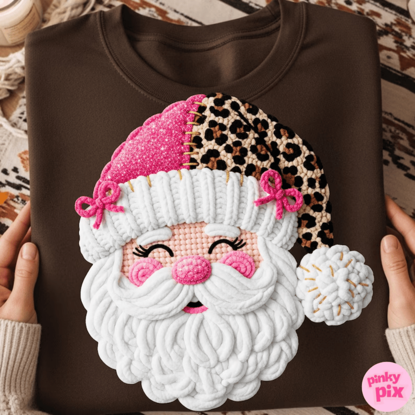 RTS SANTA LEOPARD PINK CROCHET CHRISTMAS DTF DIRECT TO FILM transfers ADULT 10X12 - Do it yourself Transfers