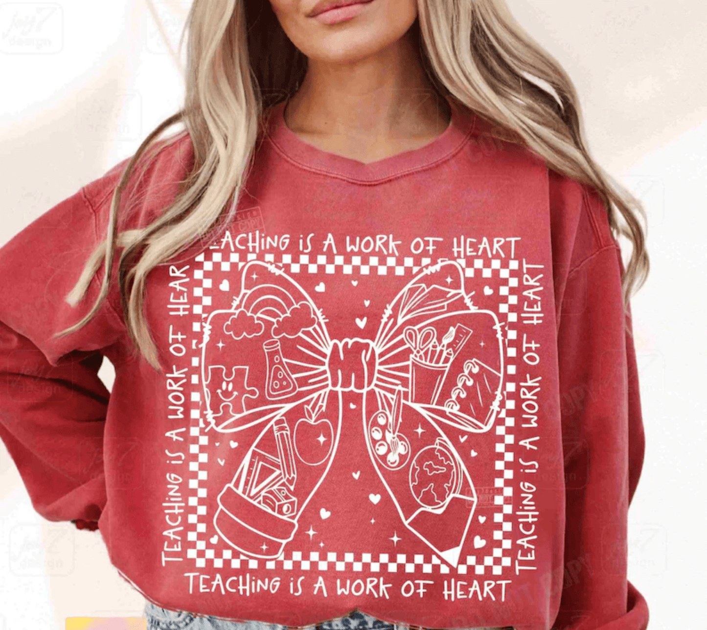 TRANSFER TUESDAY SHIPS JAN 21ST TEACHING IS A WORK OF HEART COQUETTE BOW SINGLE COLOR WHITE Screen Print transfers size ADULT 10X12 - Do it yourself Transfers