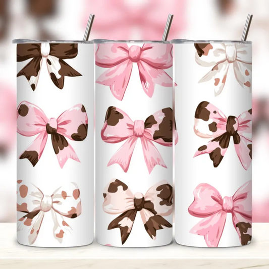 RTS BOWS COW PRINT PINK BROWN 20 oz STRAIGHT SKINNY TUMBLER WRAP 9.6x8.3