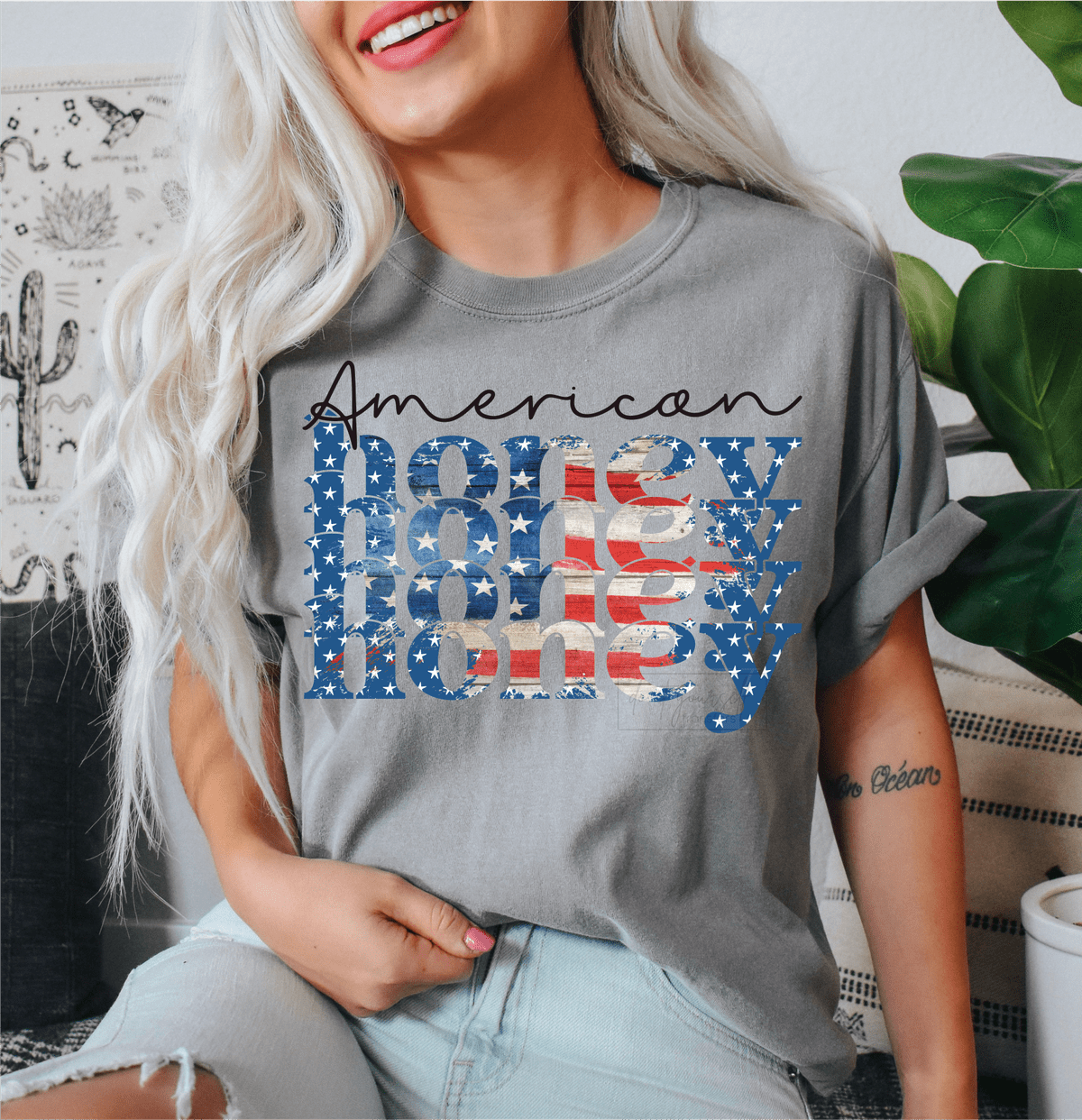 American Honey Honey Honey RED WHITE and BLUE stars vintage size ADULT DTF TRANSFERPRINT TO ORDER - Do it yourself Transfers