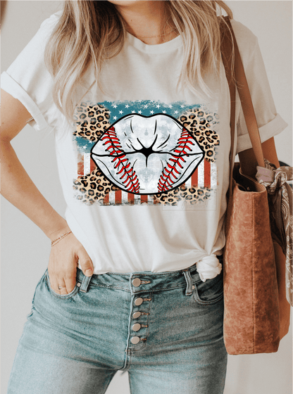 Baseball lips frame American flag vintage leopard size ADULT 8. DTF TRANSFERPRINT TO ORDER - Do it yourself Transfers