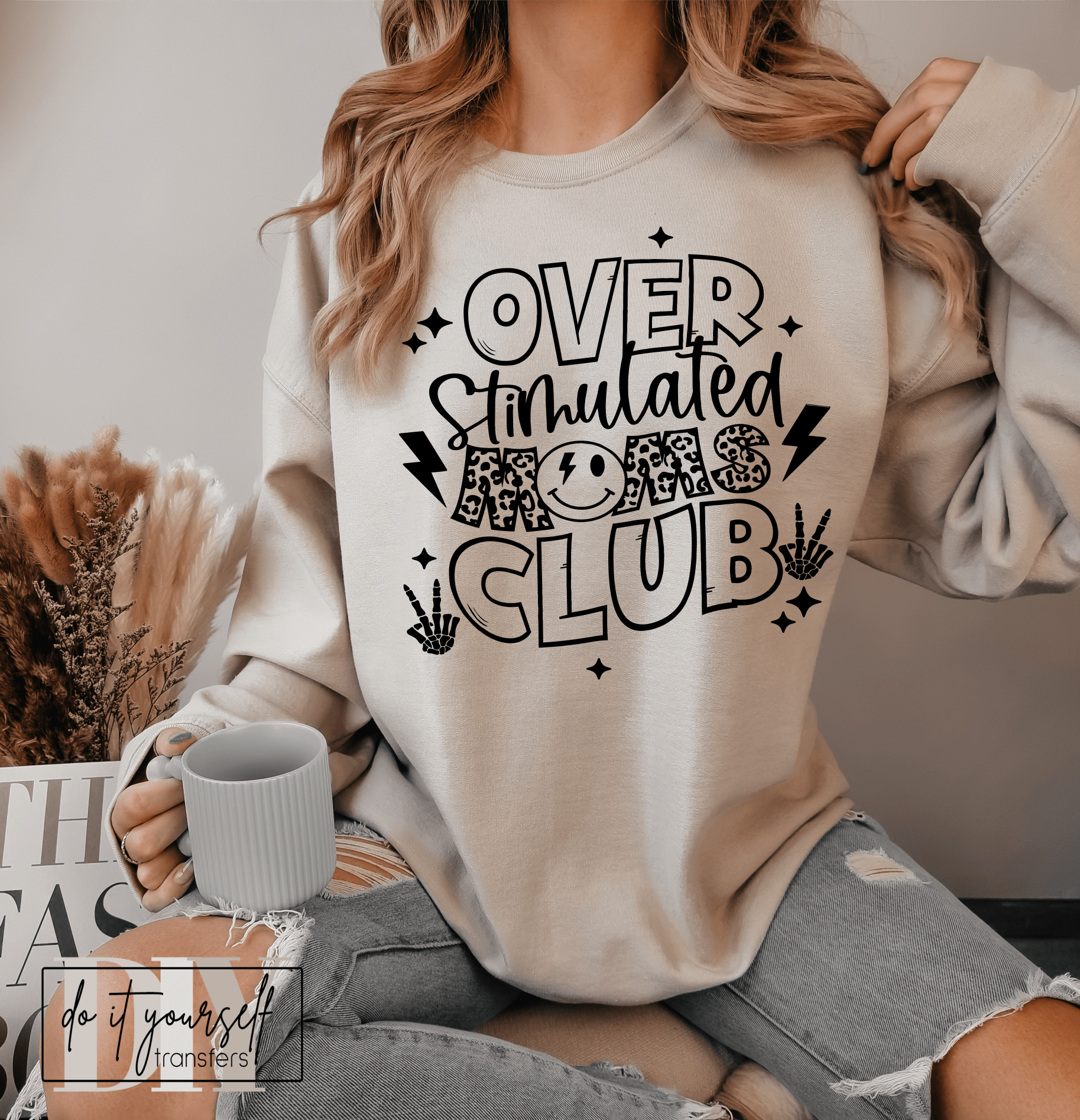 Over stimulated MOMS CLUB smiley face SINGLE COLOR BLACK size ADULT DTF TRANSFERPRINT TO ORDER - Do it yourself Transfers