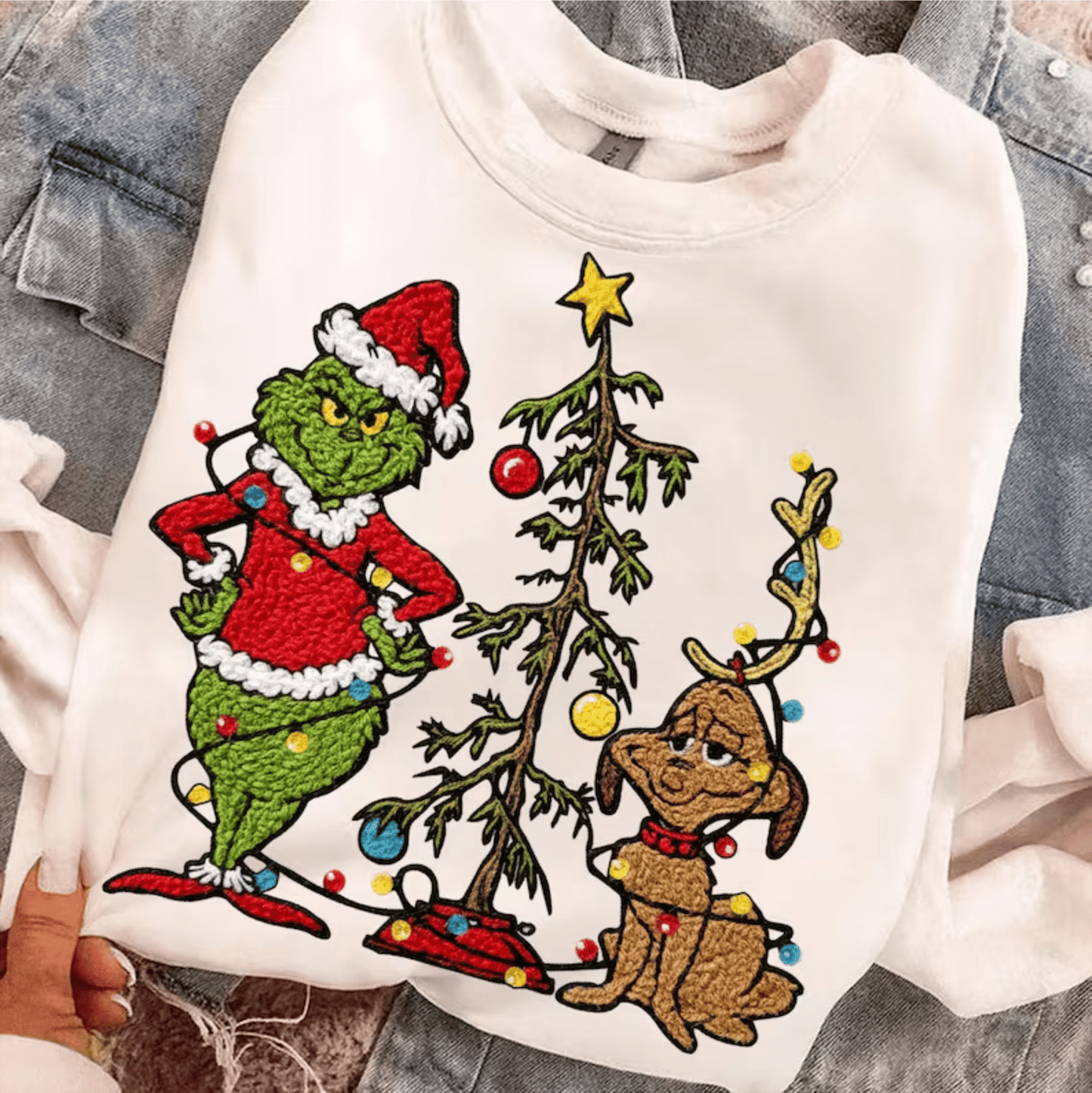 RTS GREEN MAN CHRISTMAS TREE FAUX EMBROIDERY DTF DIRECT TO FILM transfers ADULT 10X12 - Do it yourself Transfers