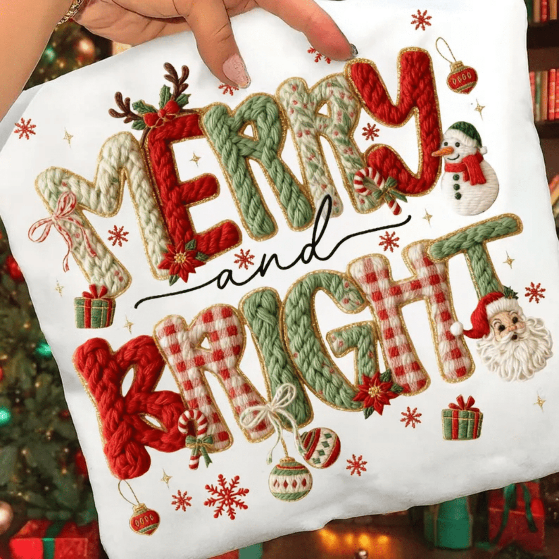 RTS MERRY AND BRIGHT WHITE GREEN RED SNOWMAN FAUX DTF DIRECT TO FILM transfers ADULT 10X12 - Do it yourself Transfers