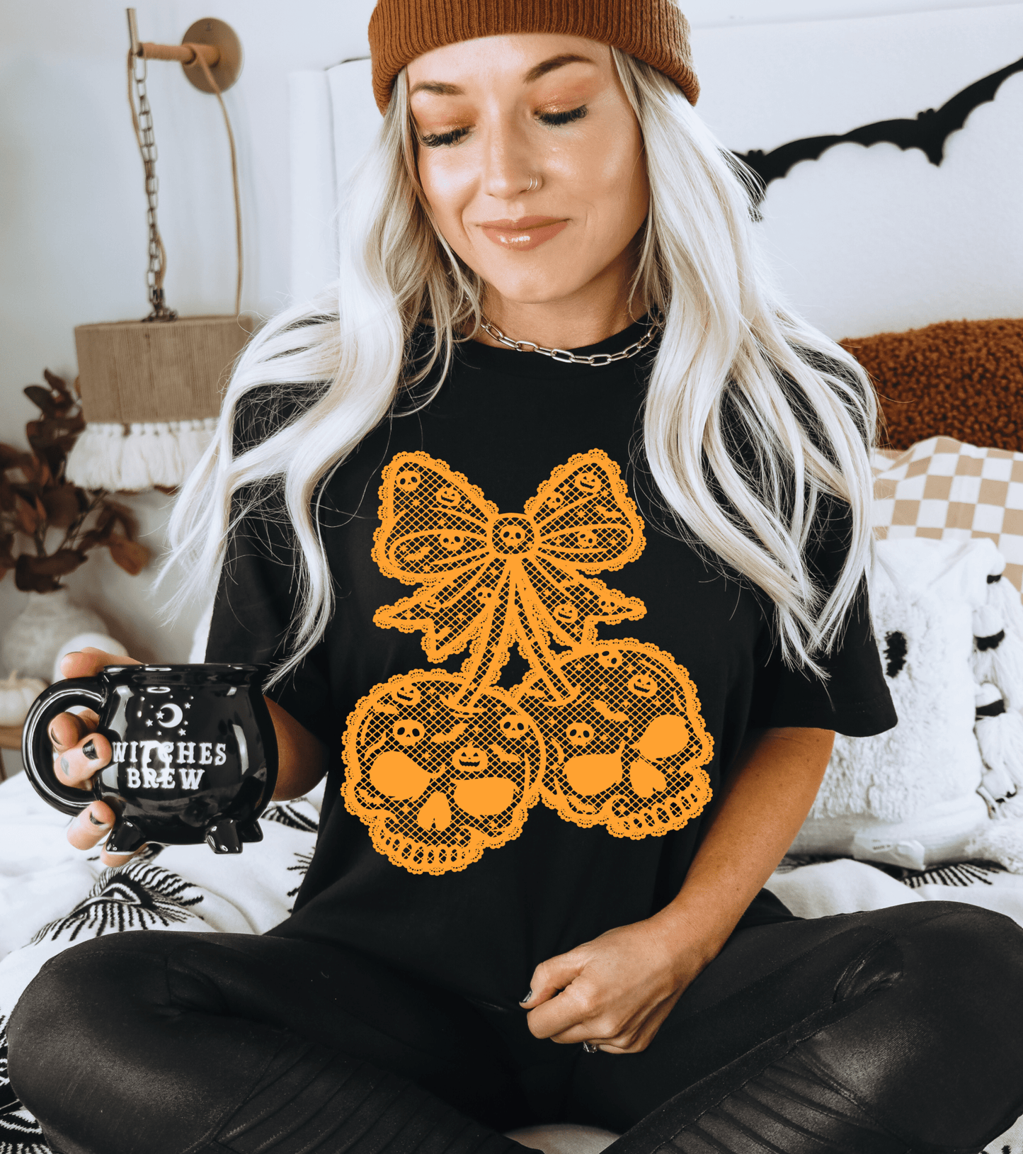 RTS SKULLIE CHERRIES HALLOWEEN LACE BOW ORANGE SCREEN PRINT transfer ADULT 10X12 - Do it yourself Transfers