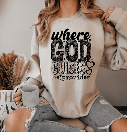 RTS Where GOD guides he provides SINGLE COLOR BLACK Screen Print transfers size ADULT 10X12 - Do it yourself Transfers