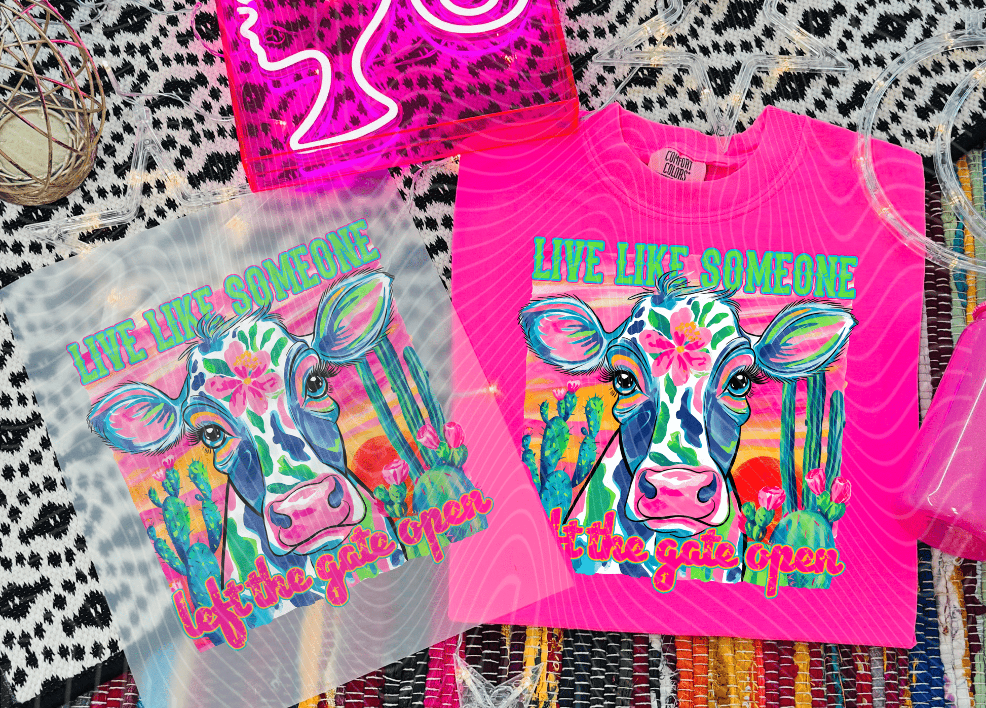 TRANSFER TUESDAY JUNE 17TH LOVE LIKE SOMEONE LEFT THE GATE OPEN COW NEON DTF DIRECT TO FILM transfers ADULT 10X12 - Do it yourself Transfers