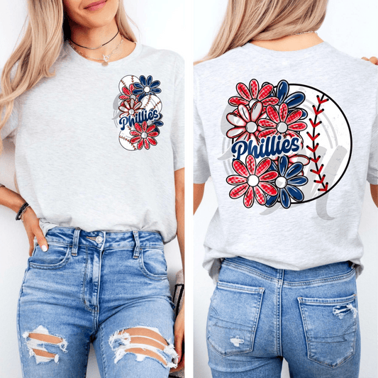 TRANSFER TUESDAY PHILLIES RED BLUE BASEBALL FLOWERS DTF DIRECT TO FILM transfers size ADULT 9X12 POCKET - Do it yourself Transfers