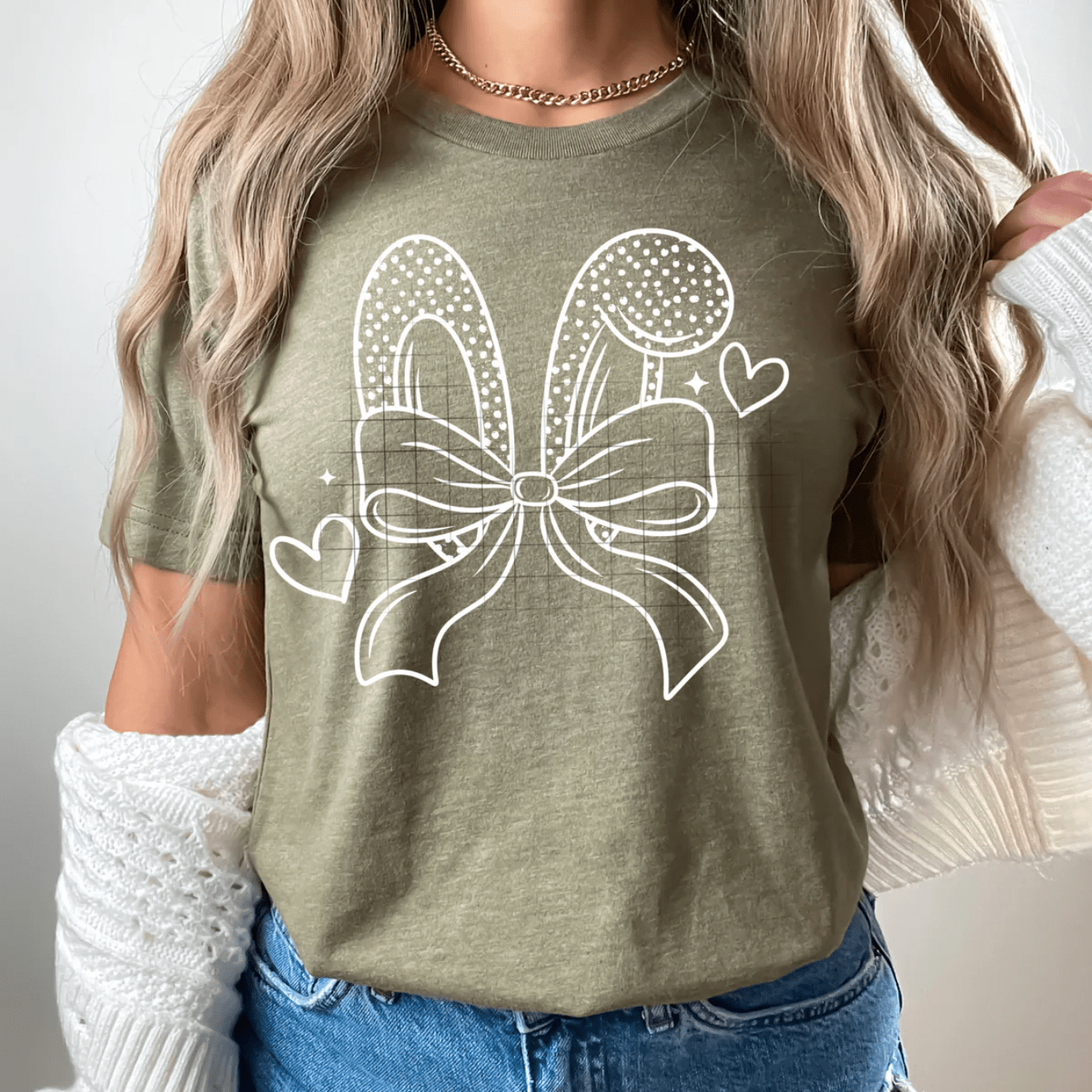 TRANSFER TUESDAY SHIPS FEB 18TH EASTER BUNNY EARS POLKA DOT HEART BOW SINGLE COLOR WHITE Screen Print transfers size ADULT 9X12.5 - Do it yourself Transfers