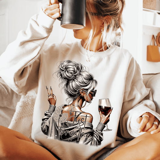 TRANSFER TUESDAY SHIPS FEB 4TH JUST BREATH mom life wine messy bun DTF DIRECT TO FILM transfers size ADULT 10x12 - Do it yourself Transfers